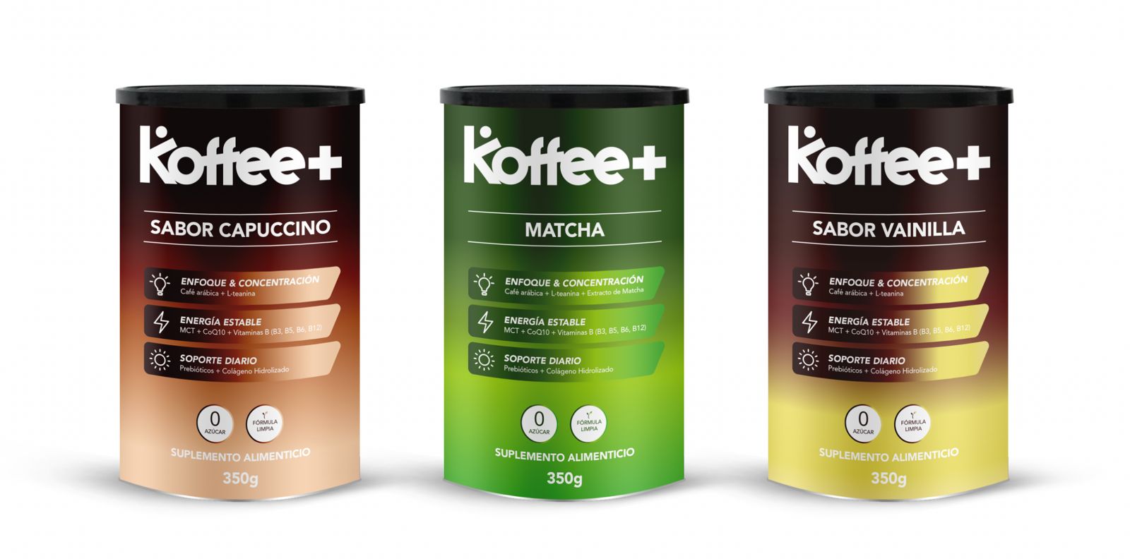 3 PACK KOFFEE+: CAPUCCINO, MATCHA Y VAINILLA
